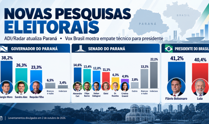 Infográfico com pesquisas ADI/Radar para governador e Senado do Paraná e Vox Brasil para presidente